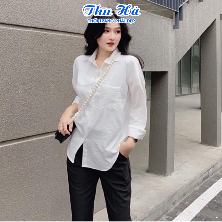 Áo sơ mi nữ dài tay cổ đức form rộng bigsize Thu Hà chất liệu đũi tơ mềm mát kiểu trẻ trung SMH.57