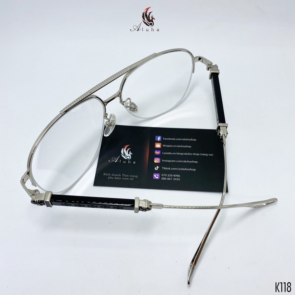 Gọng kính Chrome Heart tròng chống ánh sáng xanh kiểu dáng phi công nửa gọng - K118 - Aluha