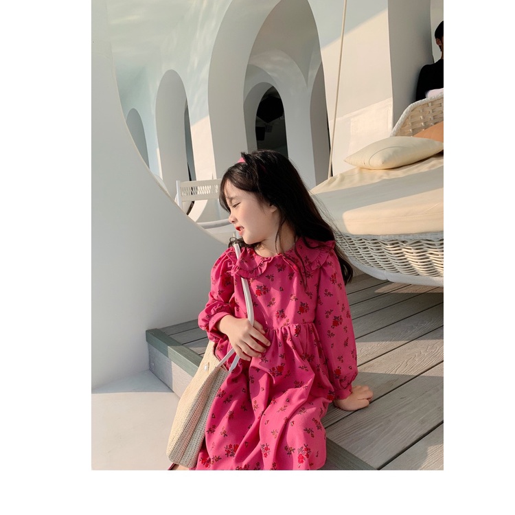 Váy dài tay mùa thu họa tiết hồng cực xinh cho bé gái size nhỡ size đại T03