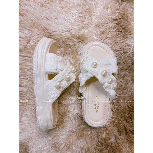 Dép quai chéo đế bánh mỳ đính ngọc 3 màu siêu hot, phong cách tiểu thư, dễ thương dành cho nữ