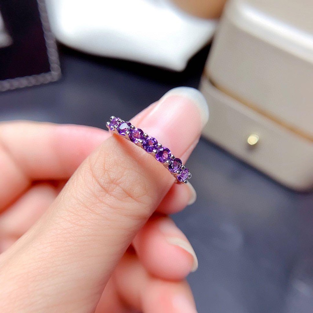 Nhẫn bạc 925 đính đá thạch anh tím phong cách Hàn Quốc
