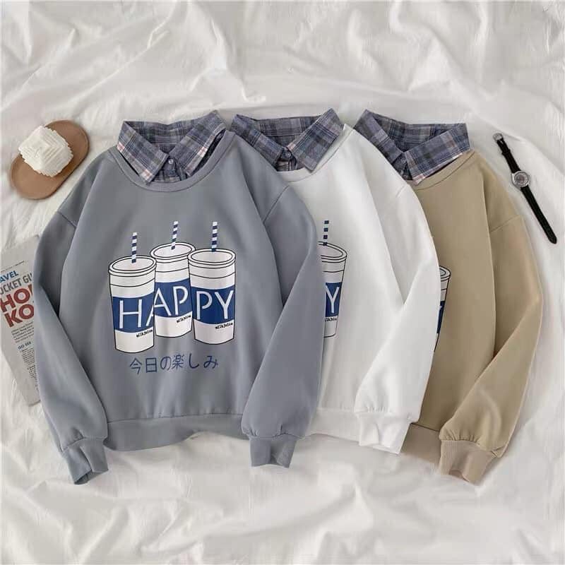 Áo Sweater nỉ bông phối cổ sơ mi - in hình ly trà sữa🤞 Áo nỉ nữ form rộng Freesize có ảnh thật