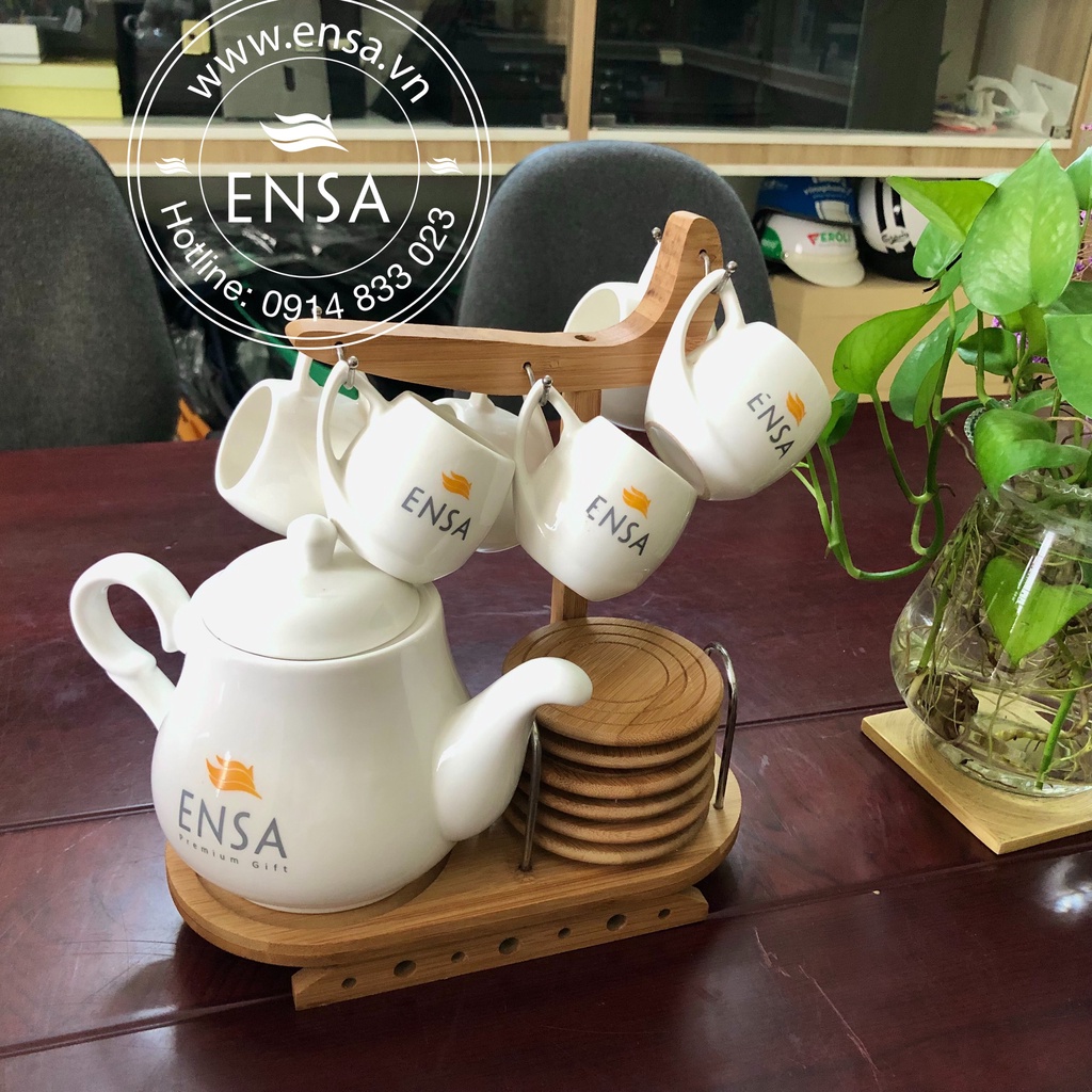 Bộ ấm chén giá tre + đĩa tre cao cấp