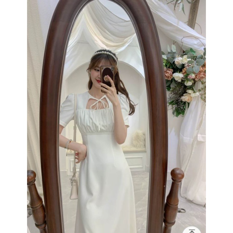 Đầm midi dress trắng dự tiệc nơ cổ tiểu thư ULZZANG xinh xỉu | BigBuy360 - bigbuy360.vn
