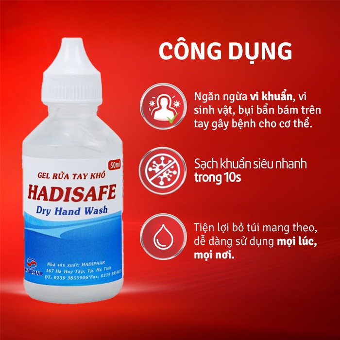 Gel rửa tay khô Hadisafe loại bỏ vi khuẩn gây bệnh, bảo vệ sức khỏe (50ml) | BigBuy360 - bigbuy360.vn
