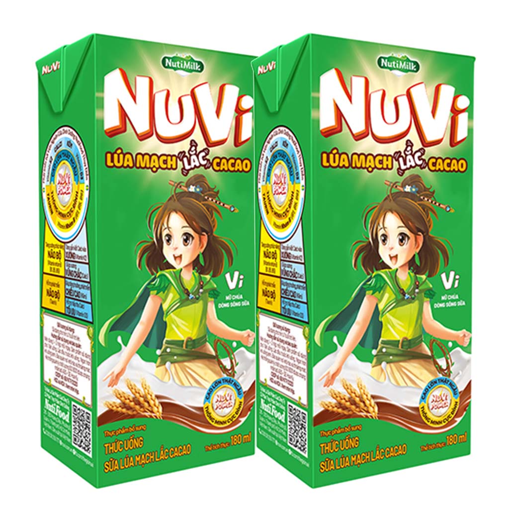Thùng 12 Lốc Sữa Lúa Mạch Lắc Cacao Nuvi 180ml Giúp Bé Phát Triển Trí Não, Chiều Cao Cho Bé