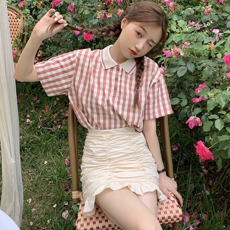 Bộ Áo Sơ Mi Ca Rô + Chân Váy Chữ A Lưng Cao Xinh Xắn Dành Cho Nữ