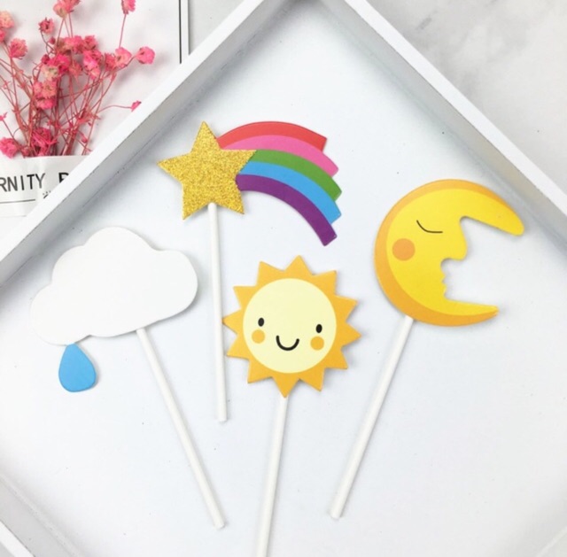 Topper cắm bánh hình mặt trăng, mặt trời, mây, cầu vồng
