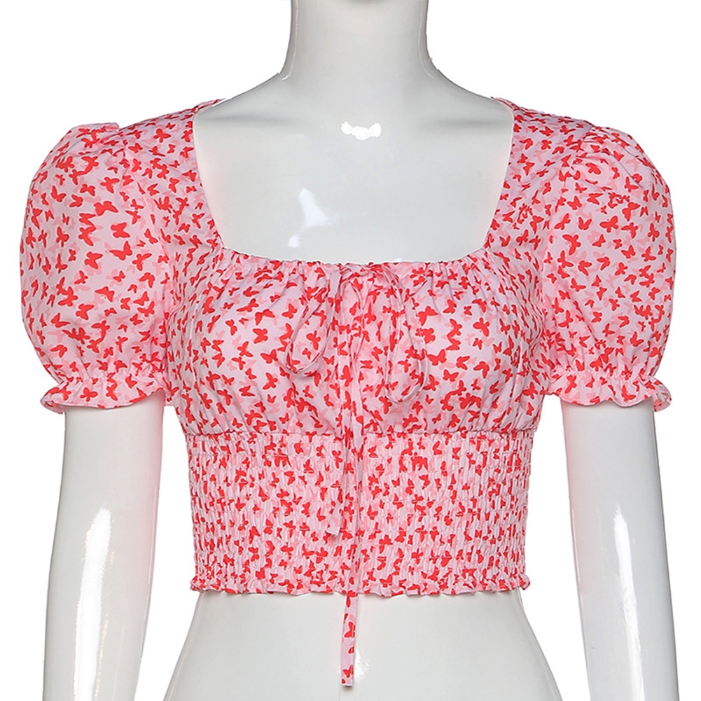 Áo croptop tay phồng dáng ôm họa tiết bướm cho nữ