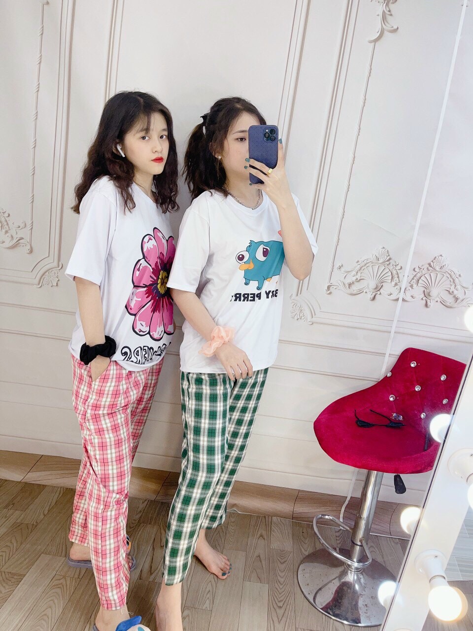 Set đồ bộ nữ quần caro kate ống rộng NHIỀU MẪU 4, đồ bộ hoạt hình Freesize Molly Fashion