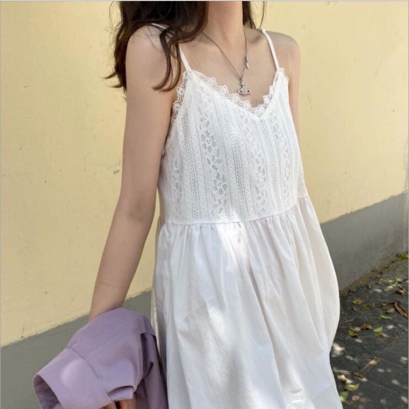 Váy 2 dây trắng babydoll phối ren tiểu thư đầm 2 dây dáng dài xòe 2 lớp dày dặn vintage