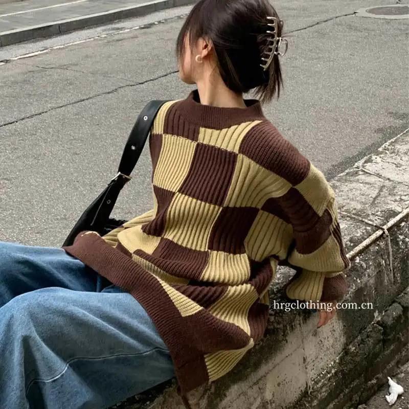Áo sweater Tay Rộng Kẻ Sọc Caro Phong Cách Mùa Đông Mới