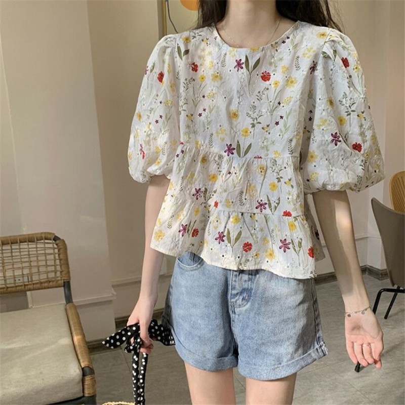 Hàng Mới Về Áo Sơ Mi Tay Ngắn Phồng Thêu Hoa Dáng Rộng Phong Cách Hàn Quốc Cho Nữ Hàng Có Sẵn