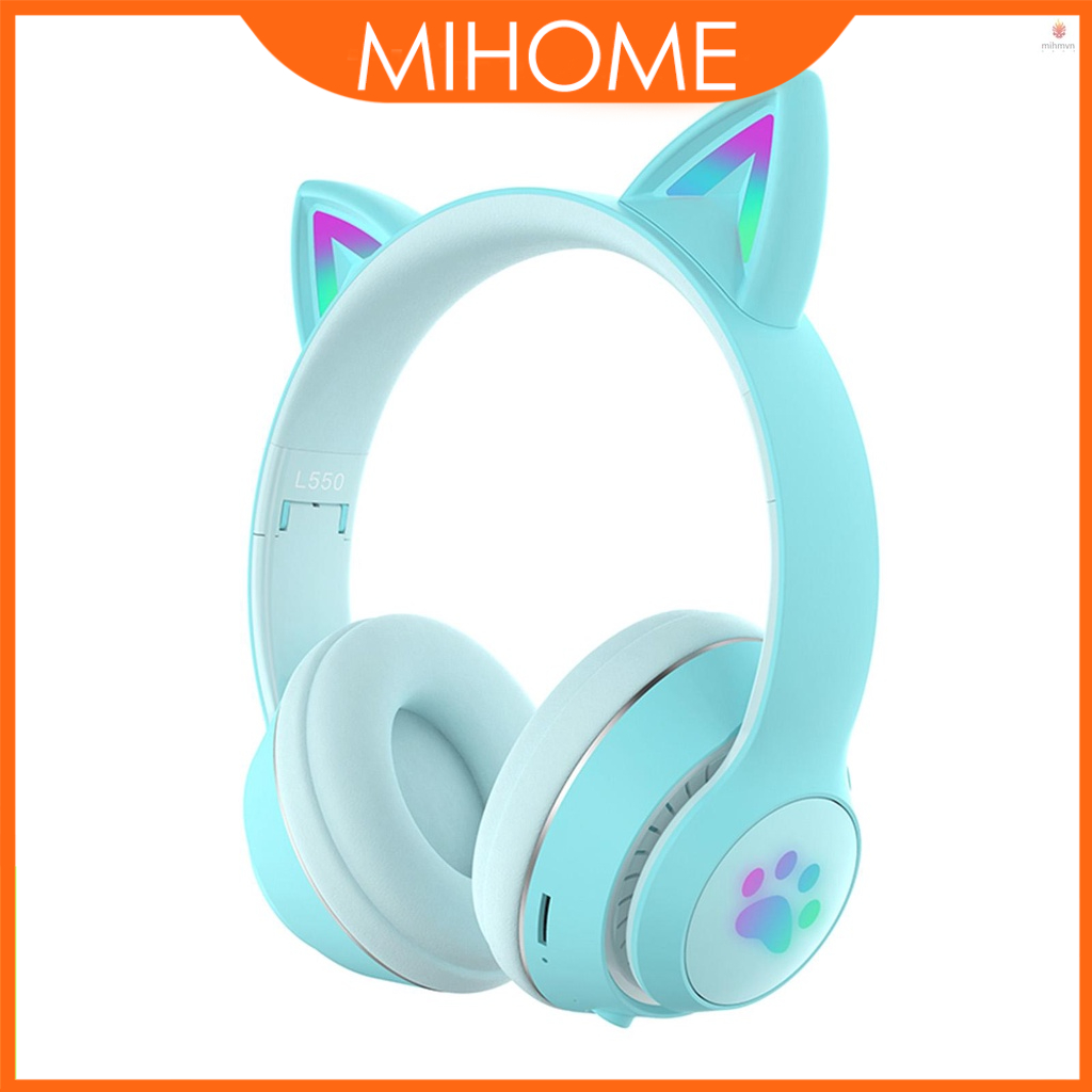 Tai nghe chụp tai không dây L550 hình tai mèo 7 màu gấp gọn được BT5.0 có mic AUX IN TF MP3 hỗ trợ thẻ nhớ máy tính laptop điện thoại