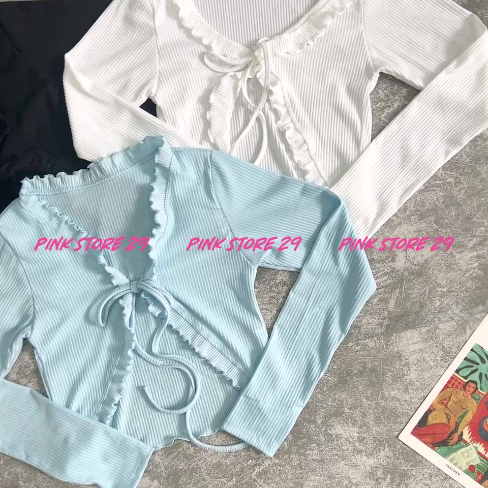 Áo khoác ngoài tay dài kiểu croptop PINKSTORE29 viền bèo phối dây cột A5395 | BigBuy360 - bigbuy360.vn