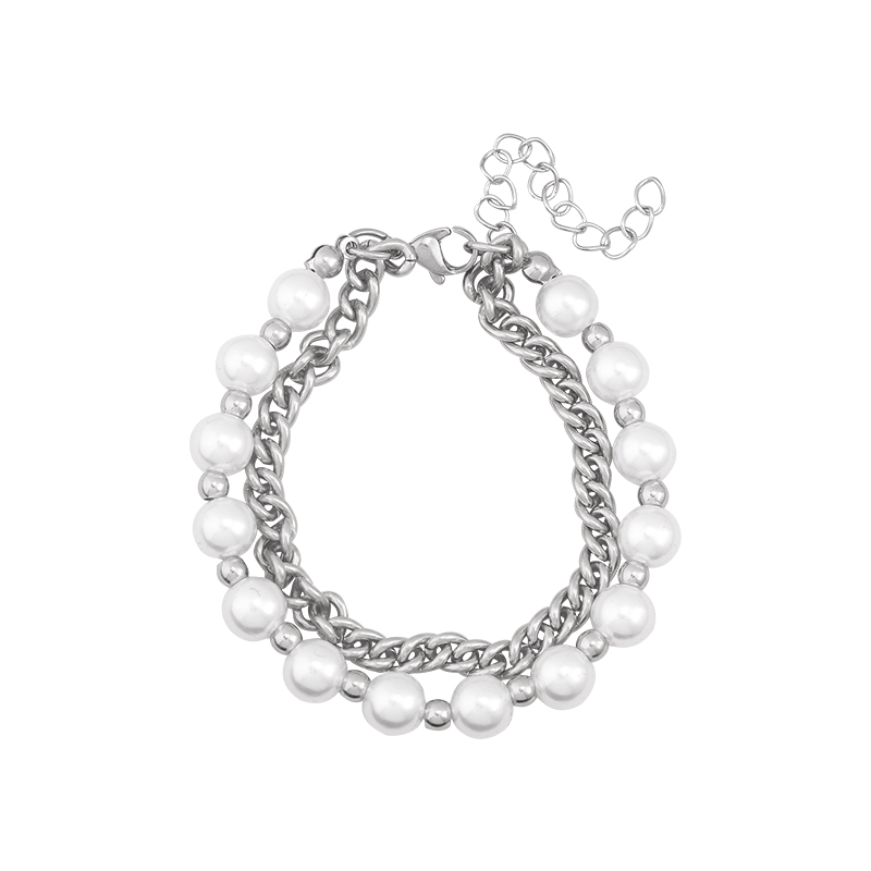 Vòng tay hai lớp bằng thép titan đính giả ngọc trai giả phong cách hip hop Harajuku 19851