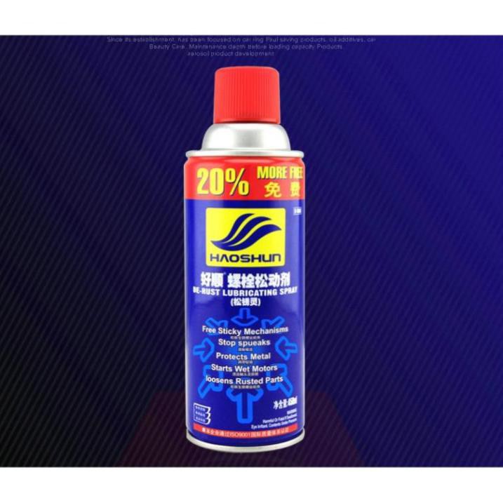 Bình xịt bôi trơn ngăn ngừa rỉ sét trên kim loại 450ml Haoshun Derust Lubrican Spray nhãn vàng.