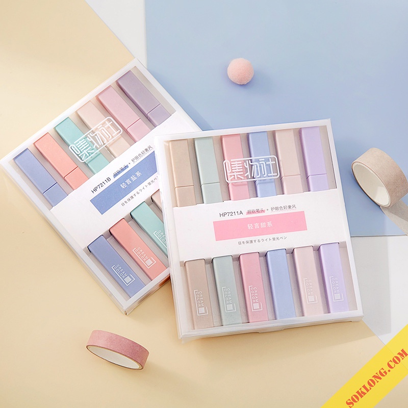 Set 6 bút highlight thân vuông màu Pastel, bút đánh dấu ghi chú HI05