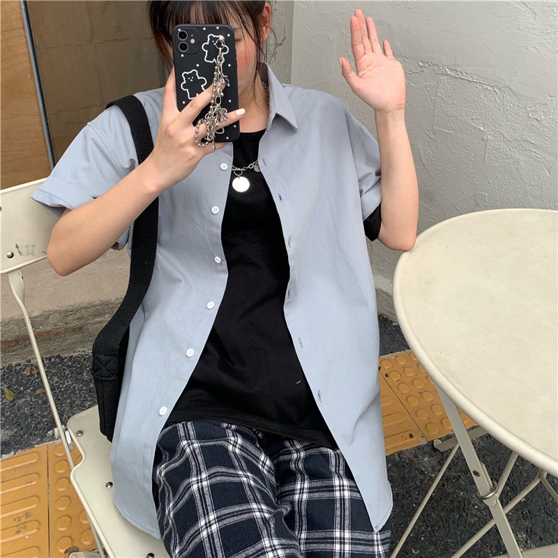 Áo sơ mi nữ SUXI tay ngắn dáng rộng màu trơn kiểu Hàn Quốc thời trang mùa hè