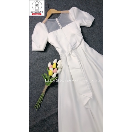 ĐẦM CƯỚI TAY PHỒNG KẾT HOA PHỐI NƠ full size S/M/L/XL ( ảnh và video do chủ shop tự quay 10000%)