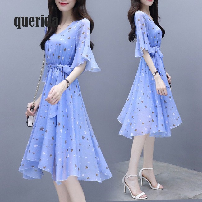 Đầm tay lửng in họa tiết ngôi sao kiểu dáng thanh lịch cho nữ