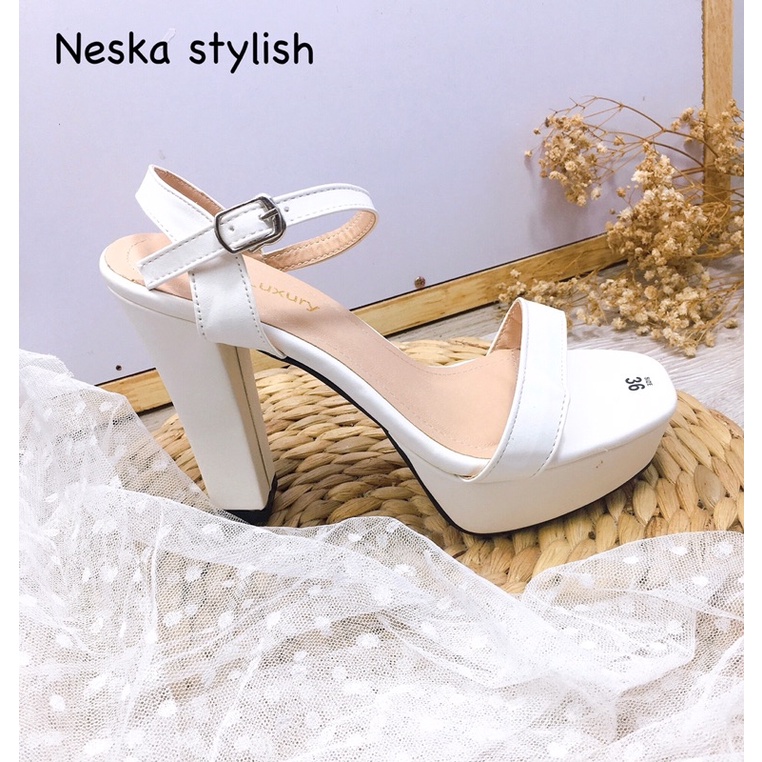 Giày sandal nữ cao gót quai ngang đế đúp gót trụ cao 10 cm mang êm mã Nes.11