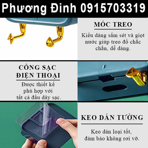 Kệ để REMOTE, ĐIỆN THOẠI dán tường, cắm sạc đa năng