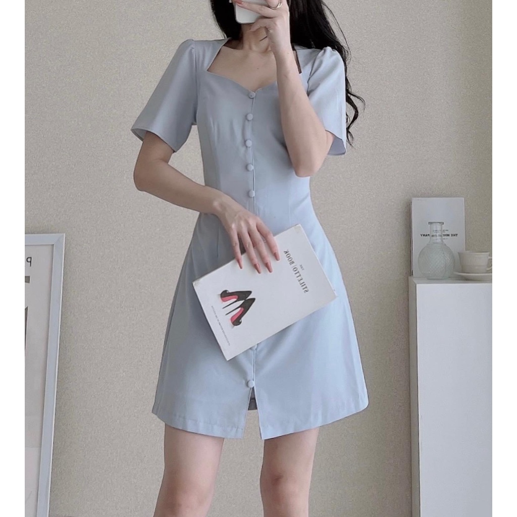 Đầm - váy tiểu thư trơn cúc bọc 2 màu