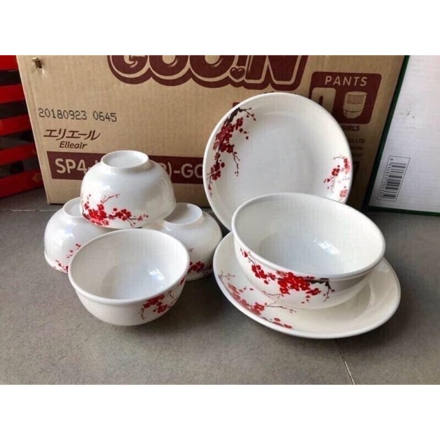 Bát tô và đĩa hoa đào ngày tết, lấy bát hoặc đĩa ib