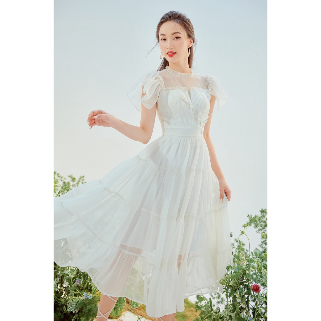 SÒ VINTAGE - AGNES Đầm voan xếp ly ngực tay cánh tiên đính hoa