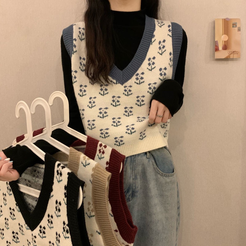 Áo gi lê dệt kim không tay nữ áo len cổ chữ V phối bên ngoài kiểu Nhật mùa xuân thu | BigBuy360 - bigbuy360.vn
