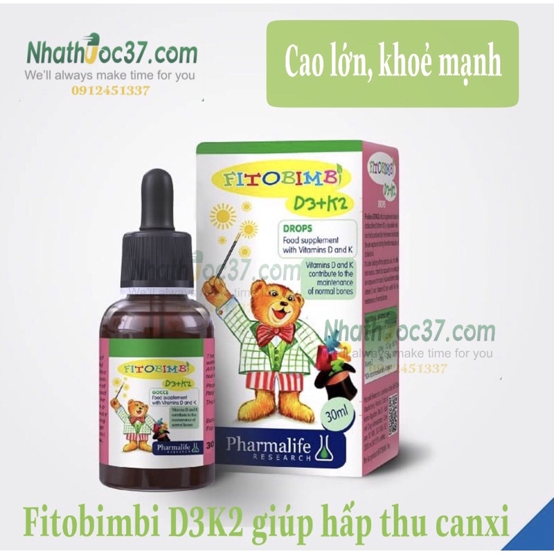 Fitobimbi D3 K2 giúp hấp thu canxi, phát triển chiều cao, xương răng chắc khoẻ.Nhà thuốc 37 Nhập khẩu chính hãng