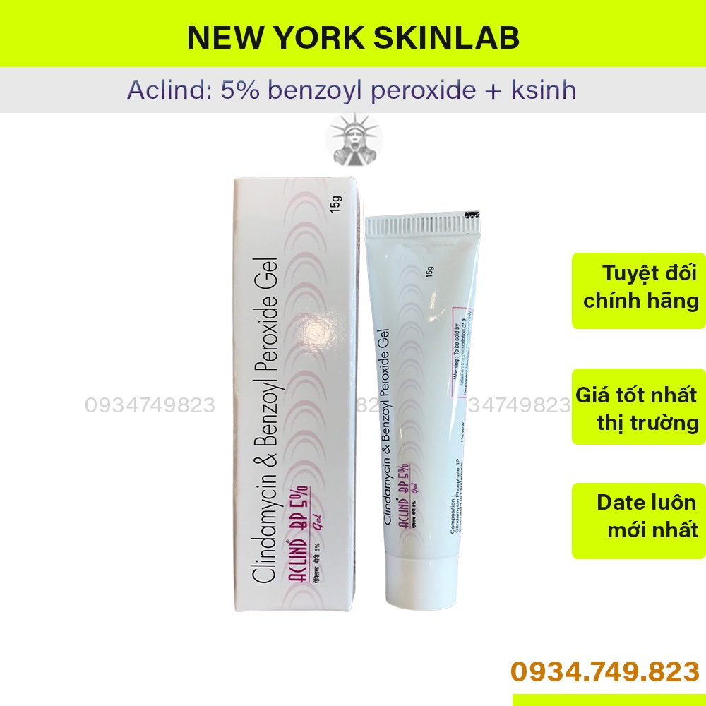 Chấm mụn Aclind BP 5% gel  5% benzoyl peroxide + clin.da.my.ci, giảm mụn, loại bỏ mụn sưng viêm nhanh