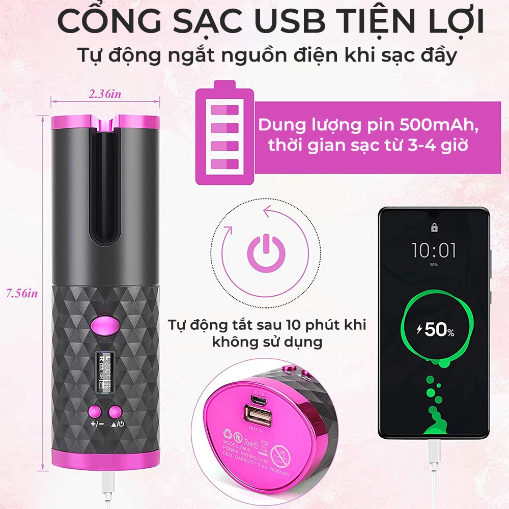 Máy uốn tóc tự động mini không dây tự xoay cầm tay làm xoăn tự động thông minh