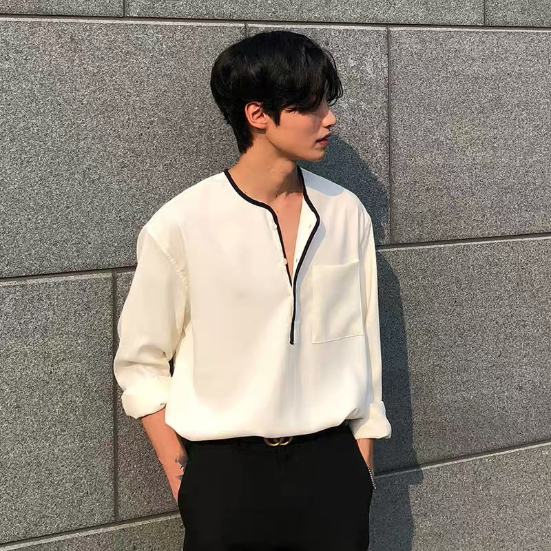 Sơ mi nam Tay Dài form rộng CỔ TRÒN phối viền | BigBuy360 - bigbuy360.vn