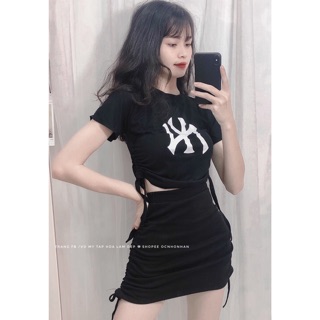 Set áo croptop phối chân váy rút nhún