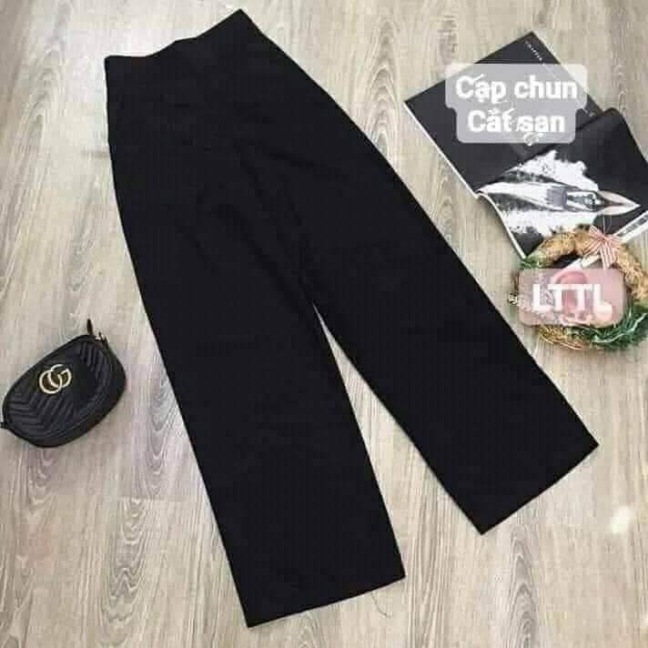 Quần Ống Suông Cạp Chun, Quần Ống Rộng Nữ Màu Đen phong cash thể thao, học sinh