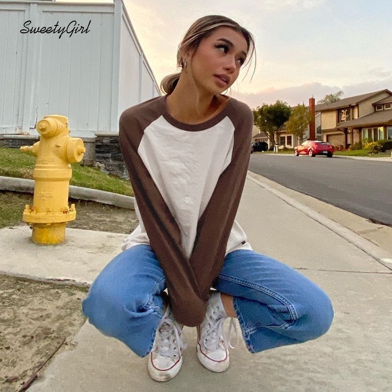 Áo Thun Tay Dài Cổ Tròn Dáng Rộng Màu Sắc Tương Phản Thời Trang Dành Cho Nữ