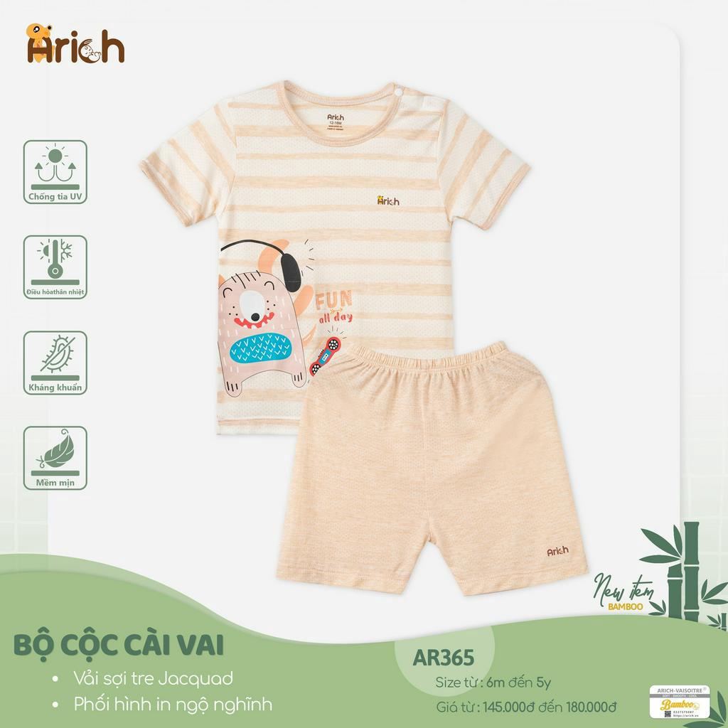 (Mới) Bộ quần áo cộc tay cài vai dệt kim phối hình in đáng yêu Arich size 6M-5Y