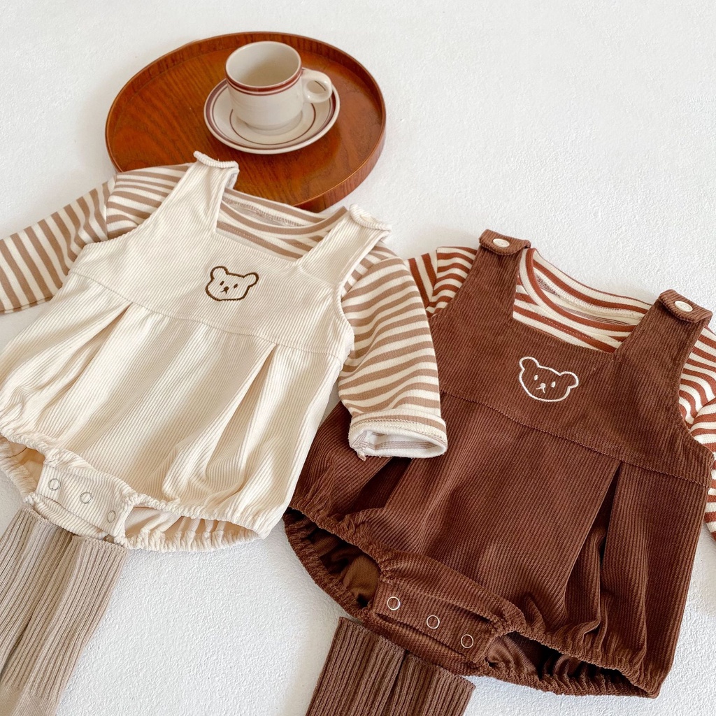 Bộ Áo Thun Cotton Tay Dài Kẻ Sọc + Quần Tam Giác 2 Màu Hình Gấu Cho Bé