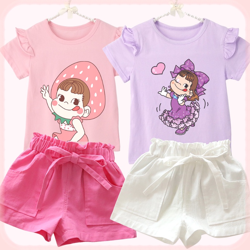 Bộ Áo Thun 100% Cotton In Họa Tiết Công Chúa Hoạt Hình Kèm Quần Short Màu Kẹo Cho Bé Gái