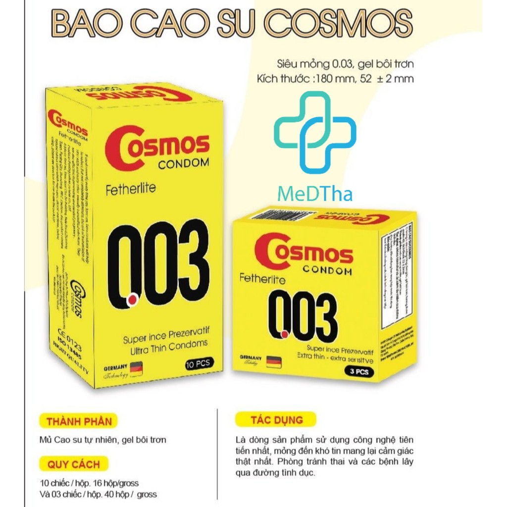 Bao cao su Cosmos Fertherlite 003 siêu mỏng 3 in 1 (Hộp 10 cái) Germany [Chính hãng]