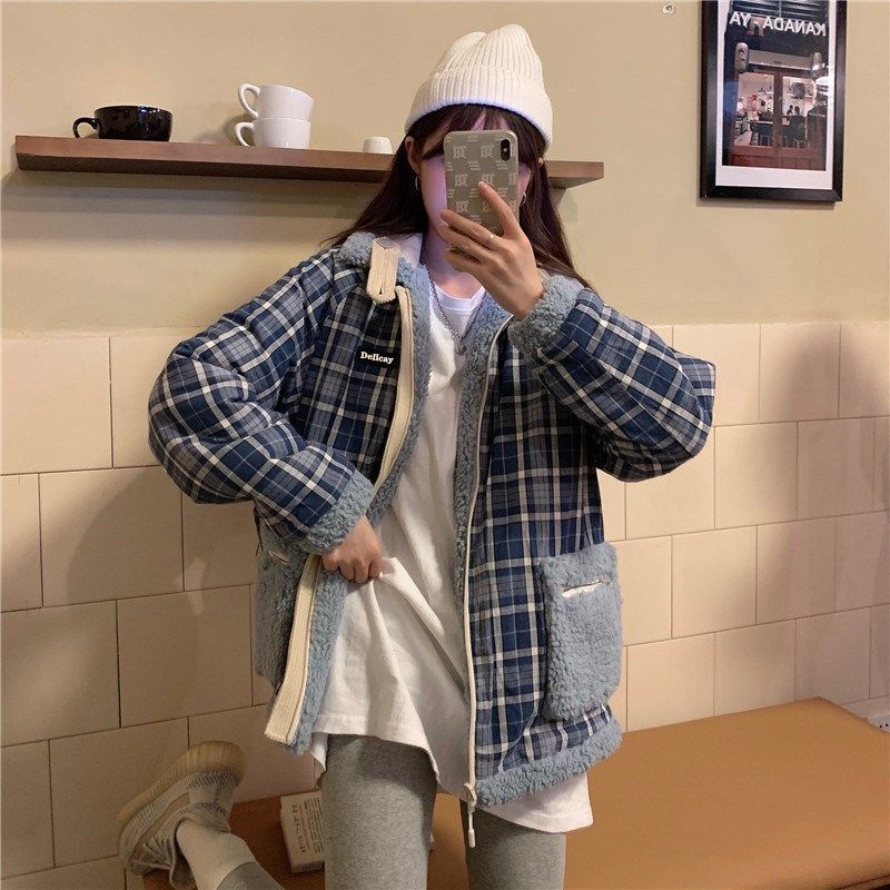 Áo khoác lông hai mặt caro style retro