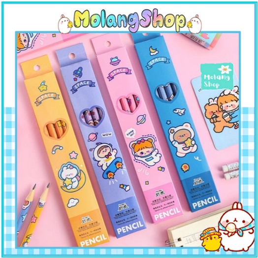 Hộp Bút Chì Gỗ Hoạt Hình HB 4 Chiếc - Set 4 Bút Chì Siêu Cute Nhiều Màu Sắc Dễ Thương MolangShop