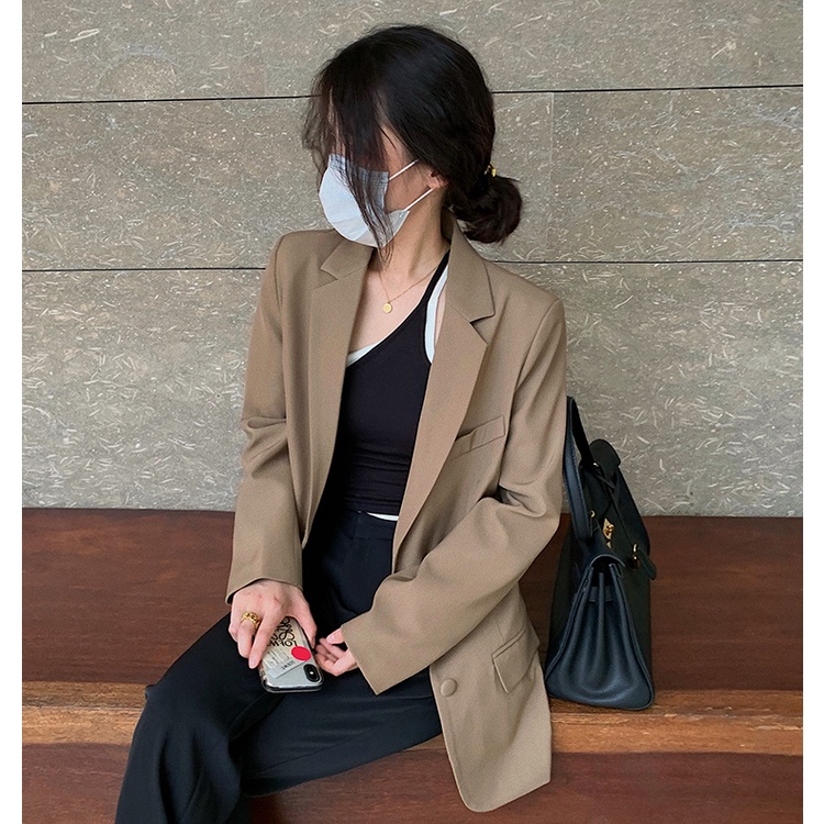 Áo khoác blazer dài tay màu nâu vintage hai lớp phong cách Hàn Quốc (CÓ QUÀ TẶNG KÈM)