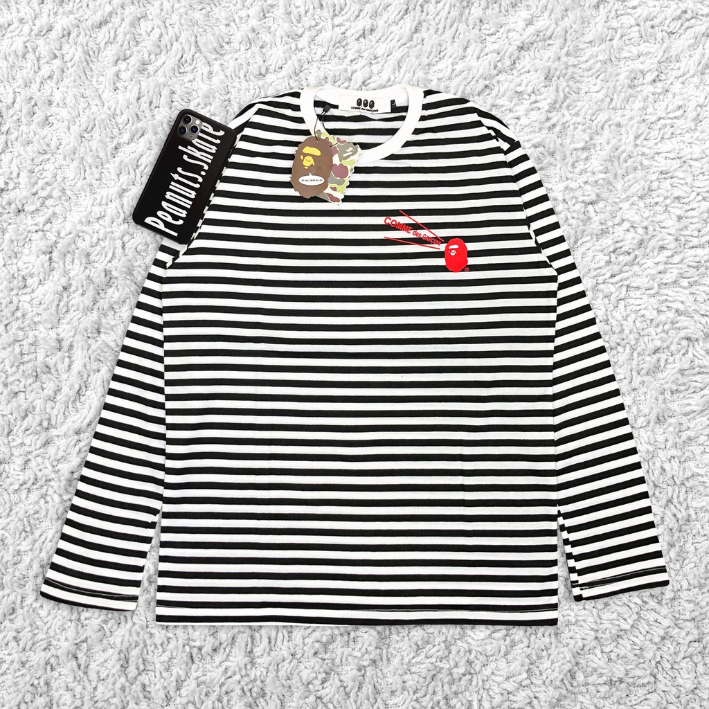 BAPE Áo Thun Tay Dài Kẻ Sọc Đen Trắng
