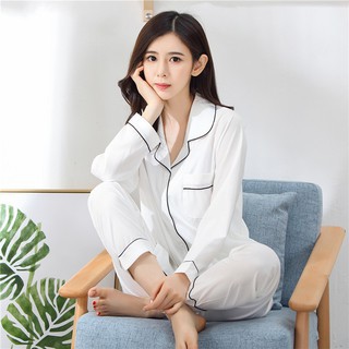 Đồ Bộ Dài Tay Lụa Satin Trơn Phối Viền Đen Trắng Cực Sanh Chảnh Và Đẹp Đồ Bộ Pyjama p01