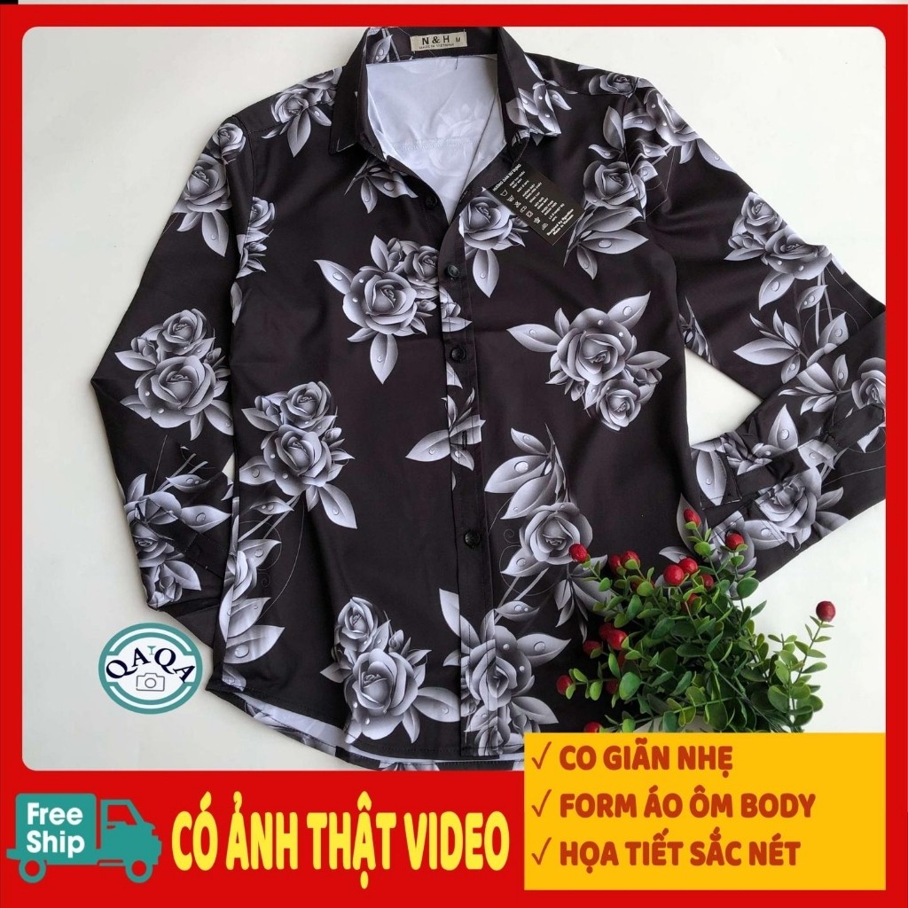 Áo sơ mi dài tay Hàn Quốc dáng ôm họa tiết cổ bẻ vải lụa đẹp chống nhăn, chống xù | BigBuy360 - bigbuy360.vn
