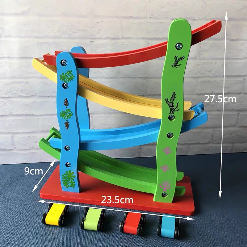 【Siêu Rẻ】Đồ Chơi Xe cầu trượt 4 tầng bằng gỗ kèm 4 Ô tô con cho bé