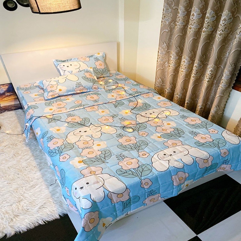 Set ga gối chăn hè chần bông Cotton 5 món EMMIBedding, mẫu Chó trắng tai dài mền cotton họa tiết đáng yêu